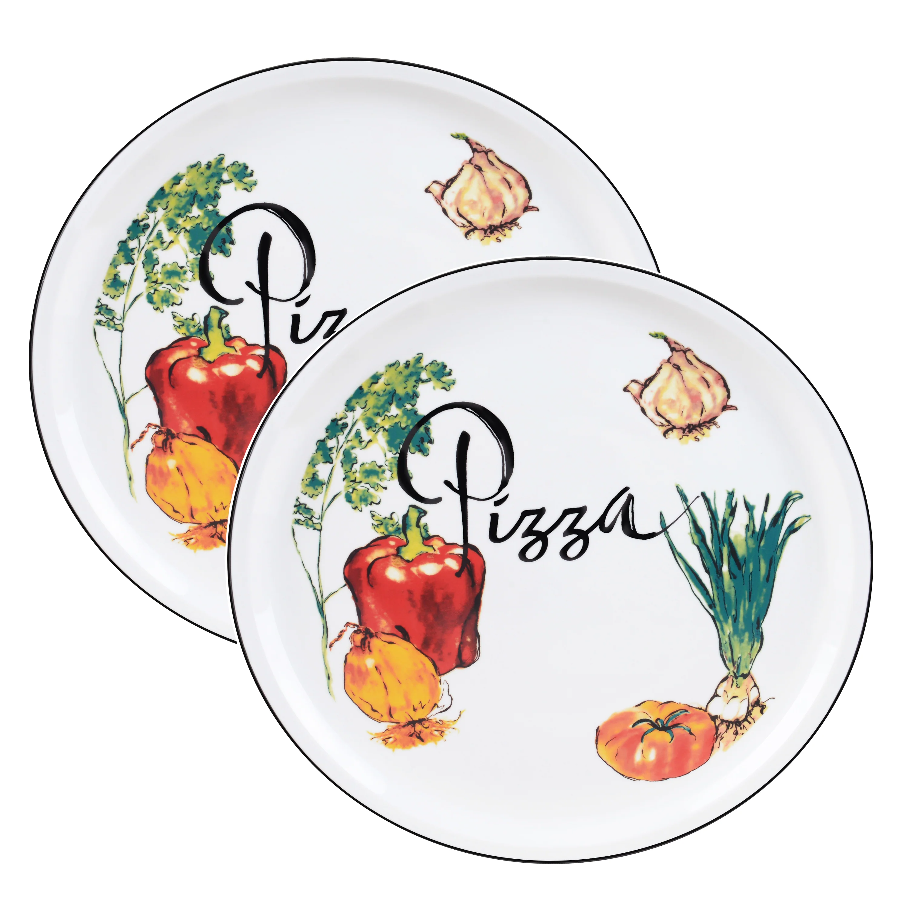 Lorren 2 Piece Round 12" Pizza Serving Platters, Vegetable Design