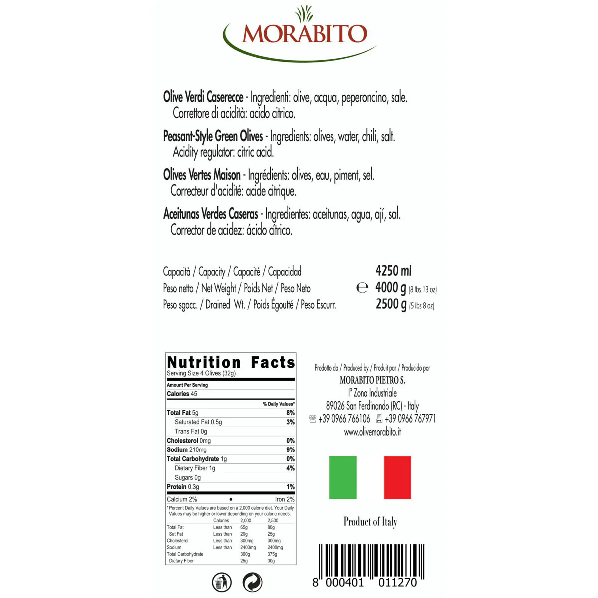 Morabito Peasant-Style Green Olives, Olive Verdi Caserecce, 5 lb 8 oz | 2500g - Image 3