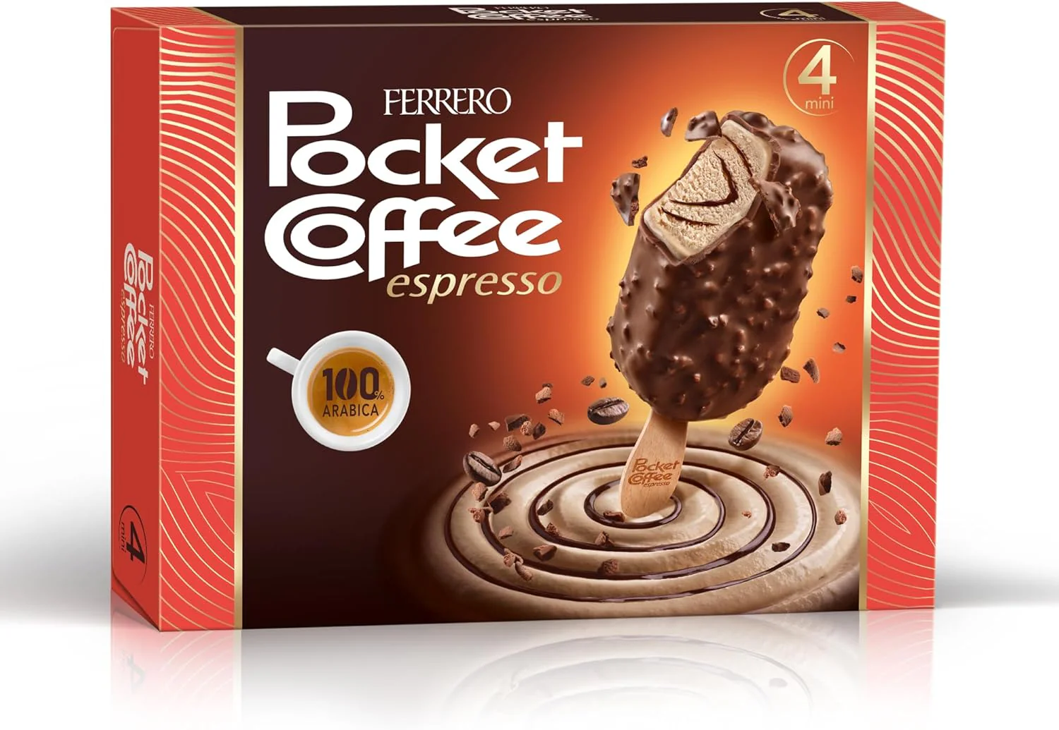 Pocket Coffee Gelato – 4 Mini Coffee Gelato Sticks, Coated in Milk Chocolate with Coffee Crisps, Perfect for Snacking, 164g