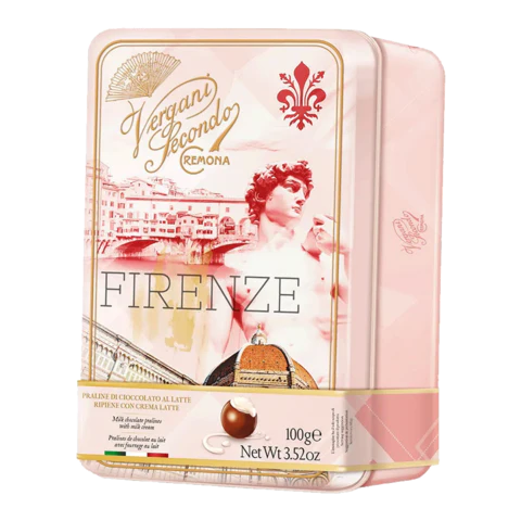 Vergani Firenze Tin, Milk Chocolate Pralines w/ Milk Cream, 3.52 oz | 100g