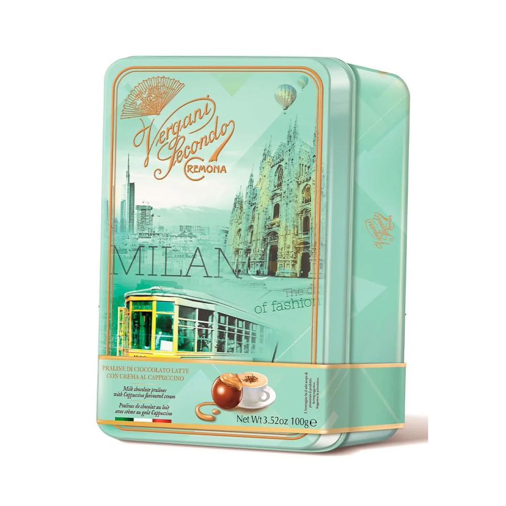Vergani Milan Tin, Milk Chocolate Pralines w/ Cappuccino Cream, 3.52 oz | 100g