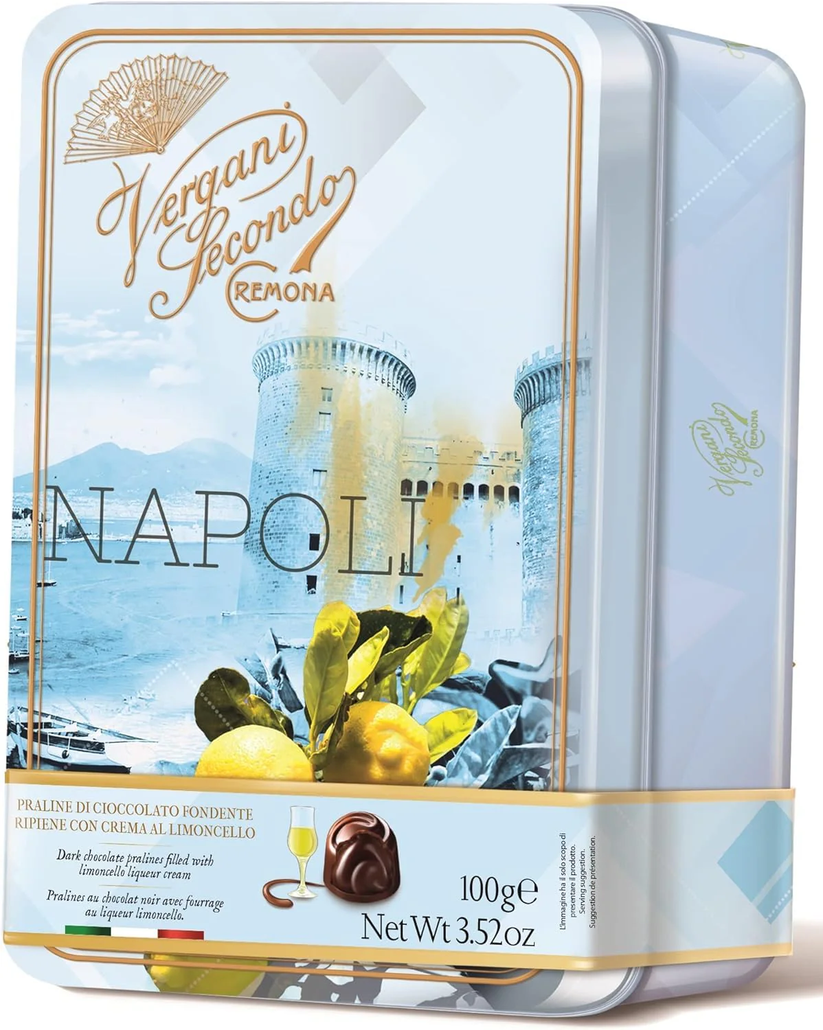 Vergani Napoli Tin, Dark Chocolate Pralines w/ Limoncello Cream, 3.52 oz | 100g